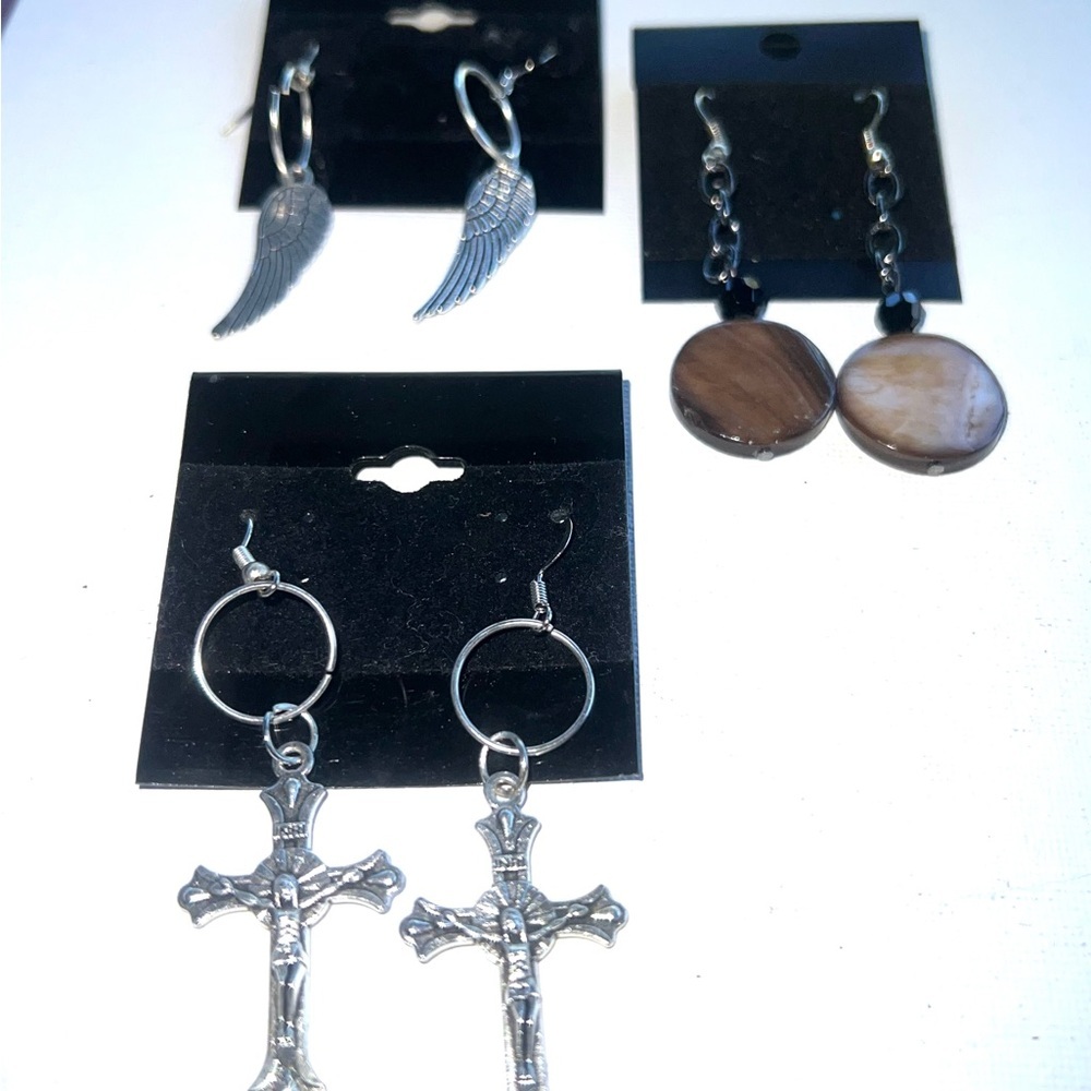Gothic‎ Cross Hoop Earrings Angel Wing Dangly Mother of Pearl Gemstone Dangles